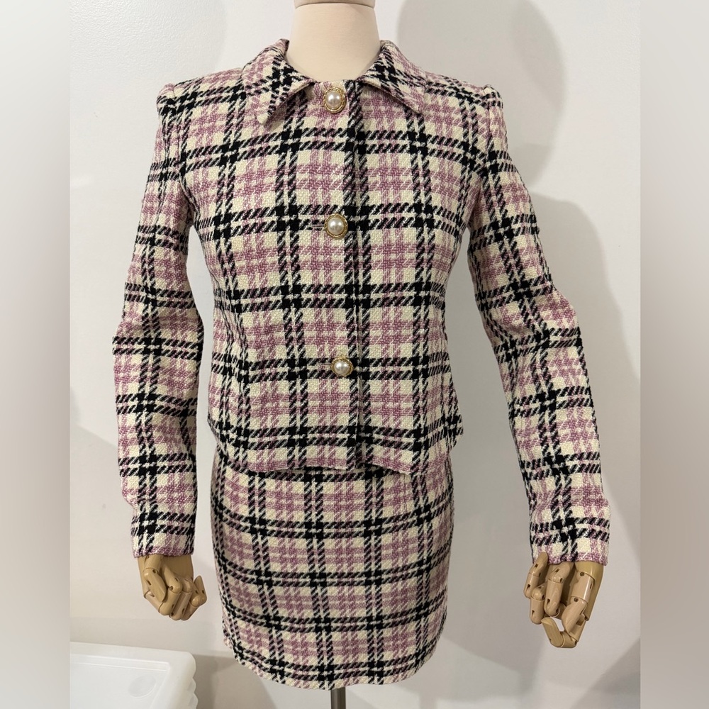 Plaid Pink and Black Tweed Jacket and Skirt Set